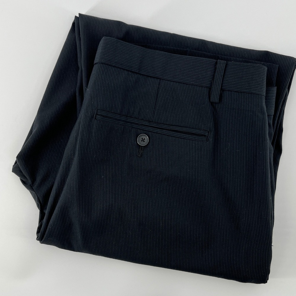 Calvin Klein Dress Pants, Mens, 36x32, Black, Pinstripe Flat Front Trousers